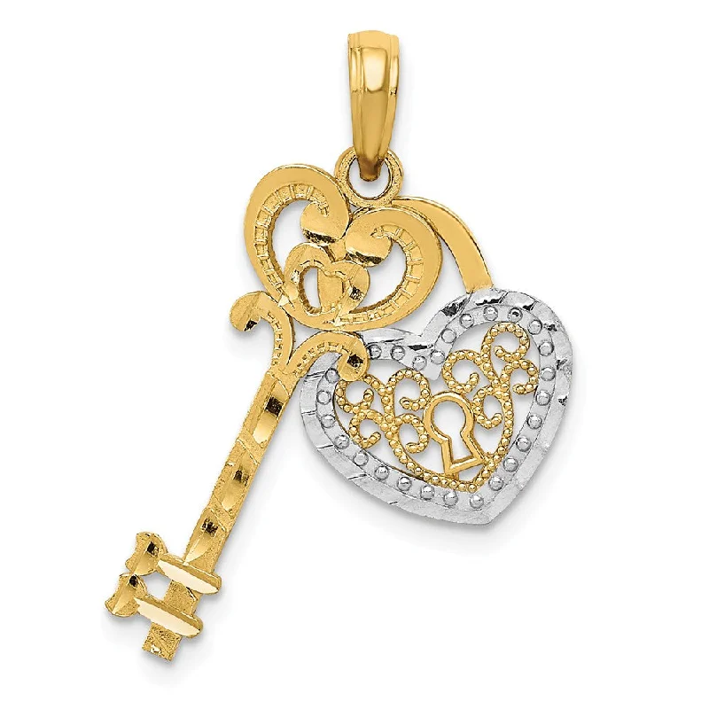Customized Silver Jewelry For Unique Style 14k Yellow Gold & White Rhodium Key and Heart Lock Pendant, 12mm