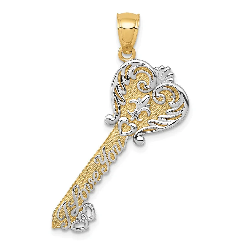 Versatile Layering Jewelry For Effortless Chic 14k Yellow Gold & White Rhodium Plated I love You Key Pendant, 13mm