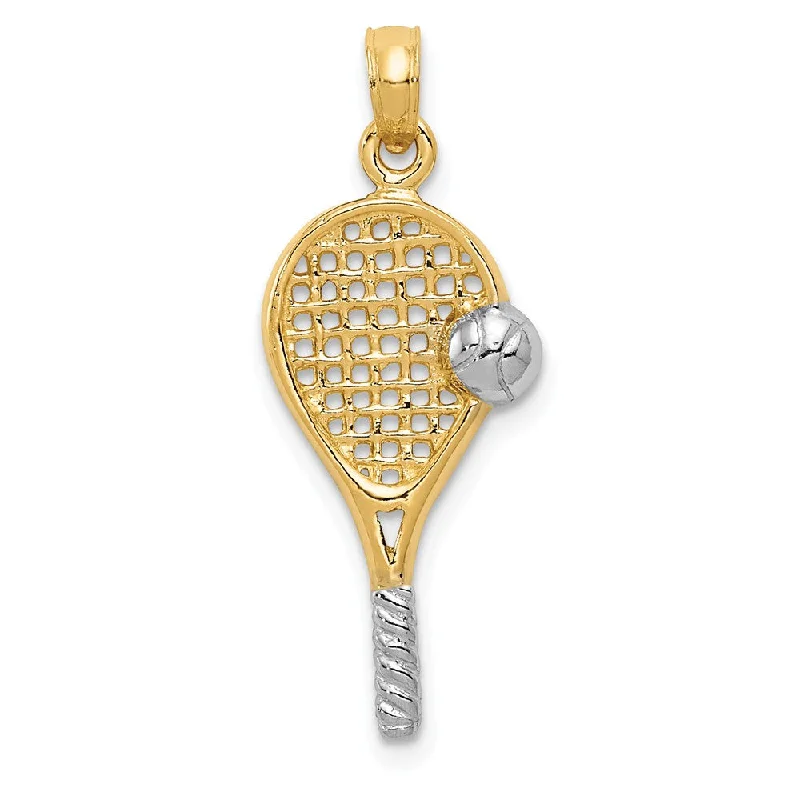 14k Yellow Gold & White Rhodium Tennis Racquet & Ball Pendant