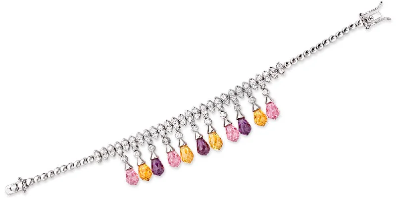 Elegant Jewelry, Exclusive Prices – Shop Now Cubic Zirconia Sterling Silver Rhodium Plated Multi Color Teardrop Bracelet