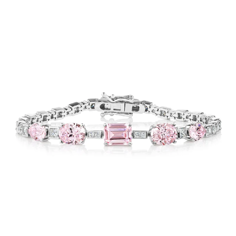 Dazzle In Elegance With Our Biggest Jewelry Sale Emerald Cut, Oval and Pear tennis bracelet with 14.49 carats* of diamond simulants in sterling silver