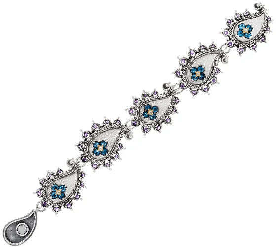 Huge Savings On Premium Jewelry Styles Paisley Bracelet – Blue Topaz, White Topaz, Amethyst & white Mother of Pearl