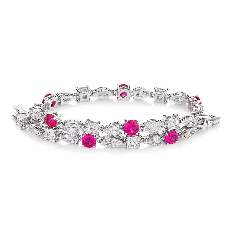 Get The Jewelry You Love At A Price You Love Pear, Marquise and Round Brilliant tennis bracelet with ruby simulants and 6.38 carats* in sterling silver