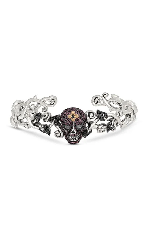 Elevate Your Outfit With Discounted Statement Jewelry Roses Never Die  Skull Bangle– Black Sapphire & Pink Garnet