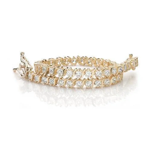 Premium Diamond Jewelry For Unforgettable Moments Round Brilliant tennis bracelet with 5.94 carats* of diamond simulants in 10 carat yellow gold Premium Diamond Jewelry For Unforgettable Moments Round Brilliant tennis bracelet with 5.94 carats* of diamond simulants in 10 carat yellow gold
