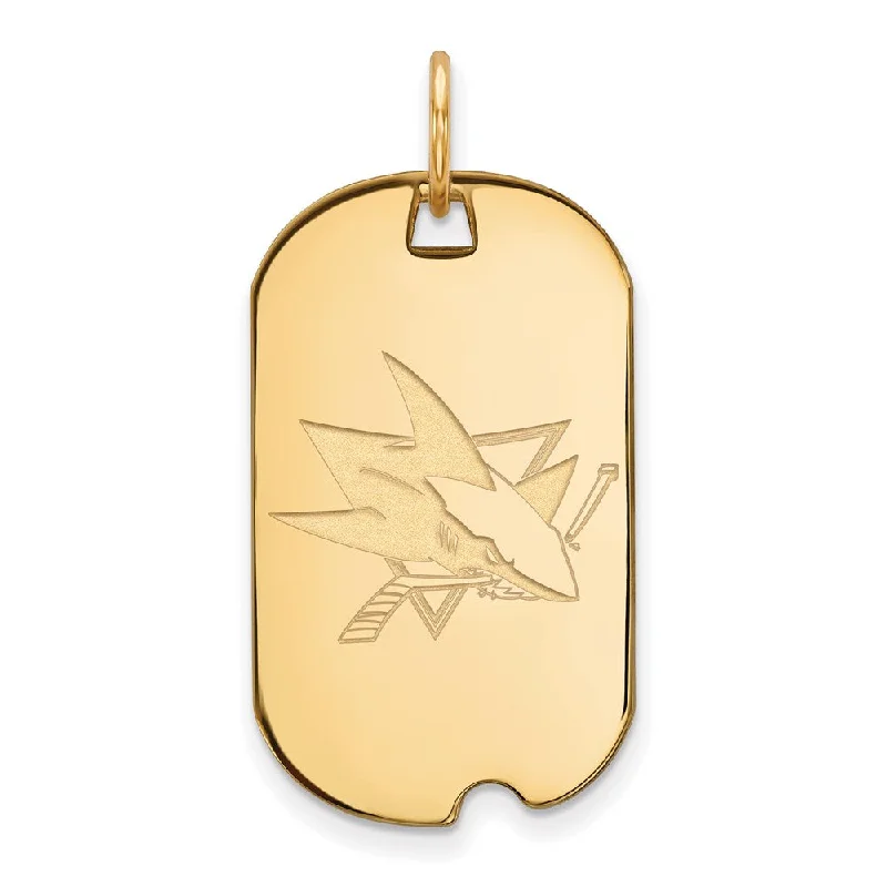 Classic And Modern Jewelry Styles On Sale SS 14k Yellow Gold Plated NHL San Jose Sharks Dog Tag Pendant