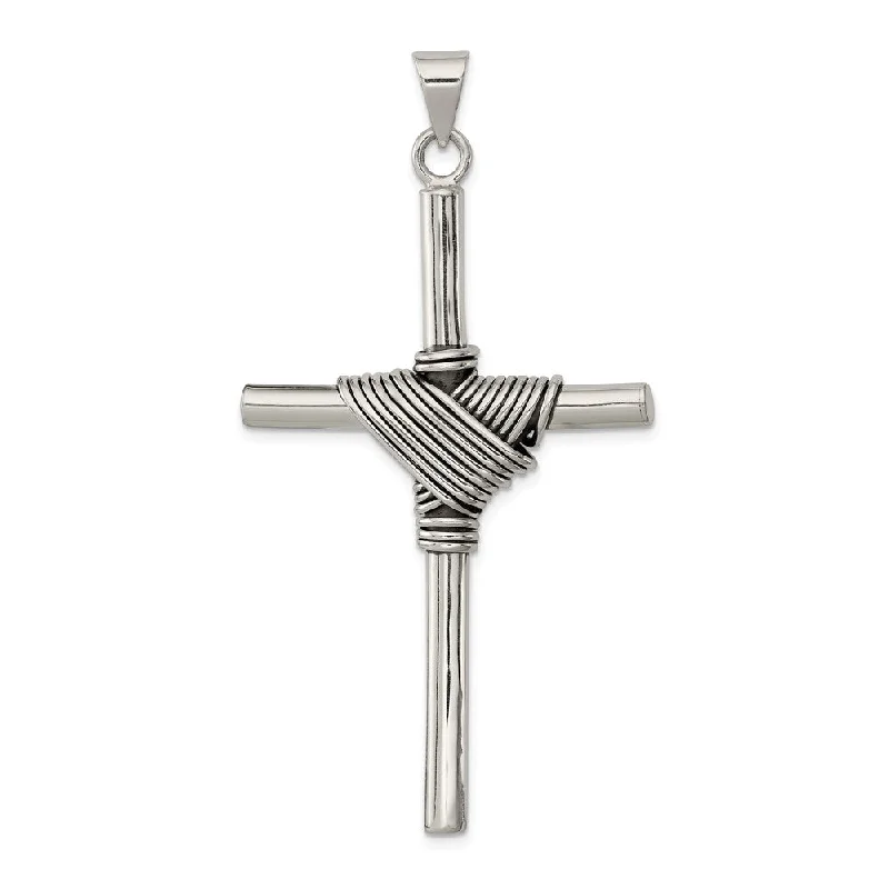 Sterling Silver Large Antiqued Solid Tube Rope Cross Pendant, 32x63mm