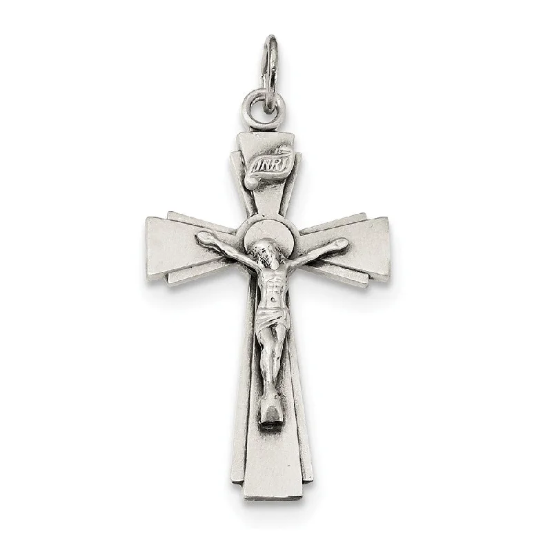 Sterling Silver Solid Antiqued Satin INRI Crucifix Pendant, 20 x 38mm