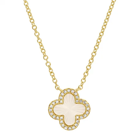Shop Dazzling Jewelry At The Best Prices 14K Yellow Gold Diamond and Mother of Pearl Fluted Quatrefoil Necklace