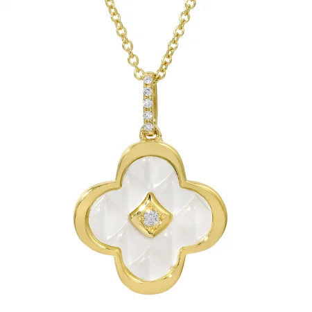 Breathtaking Jewelry, Breathtaking Prices 14k Yellow Gold Fluted Mother of Pearl Quatrefoil Diamond Necklace