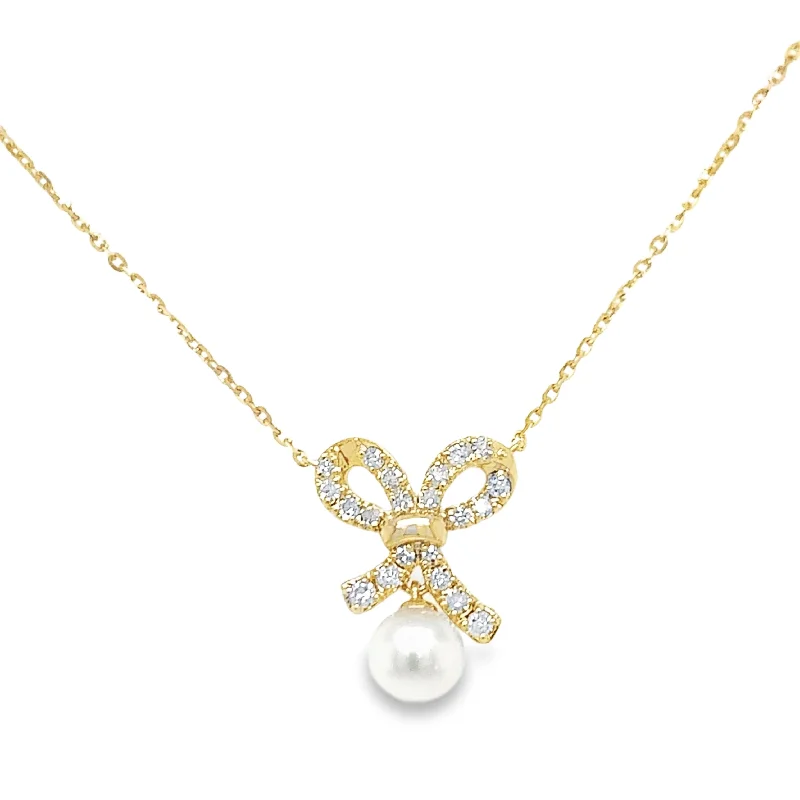 Trending Jewelry Styles Now At Limited-Time Discounts 14K Yellow Gold Pearl with Diamonds Bow Pendant Necklace