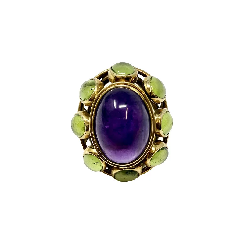Trendy Minimalist Jewelry For Everyday Wear 18K Gold Dome Ring with Amethyst and Peridot Trendy Minimalist Jewelry For Everyday Wear 18K Gold Dome Ring with Amethyst and Peridot
