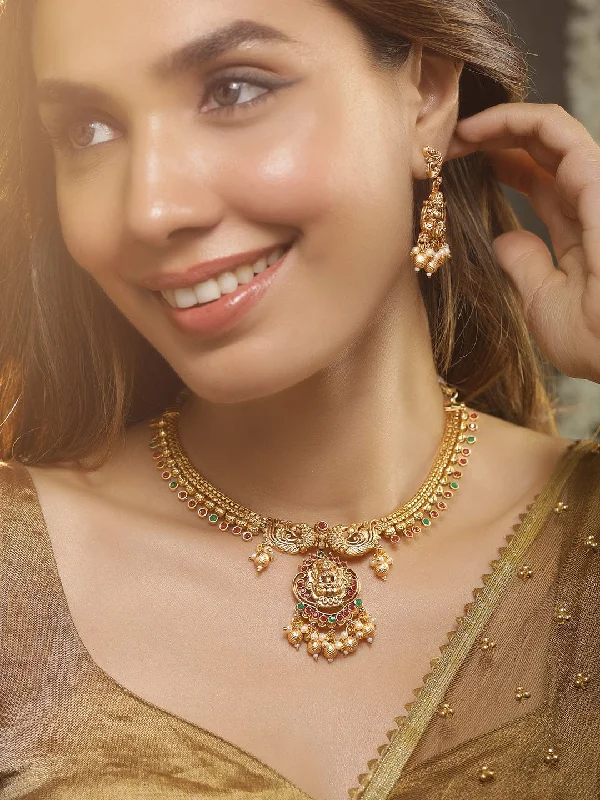 Handcrafted Jewelry Sale – Unique Designs At Low Prices 22k Gold Plated Lakshmi Motif, Ruby, Emerald & Pearl Temple Necklace Set