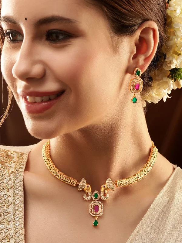 Holiday Jewelry Sale – Perfect Gifts At The Best Prices 22K Gold-Plated Ruby & Emerald CZ Stone Studded Elephant Motif Necklace Set