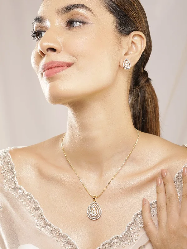 Dainty Floral Jewelry For Feminine Elegance 22KT Gold Plated Cubic Zirconia Stone Studded Floral Pendent Set