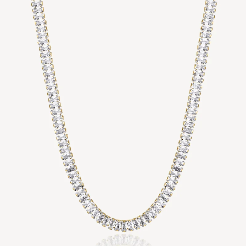 Shop Elegant Jewelry At Unbeatable Prices Baguette Cubic Zirconia Tennis Necklace in Gold Plated Stainless Steel Shop Elegant Jewelry At Unbeatable Prices Baguette Cubic Zirconia Tennis Necklace in Gold Plated Stainless Steel