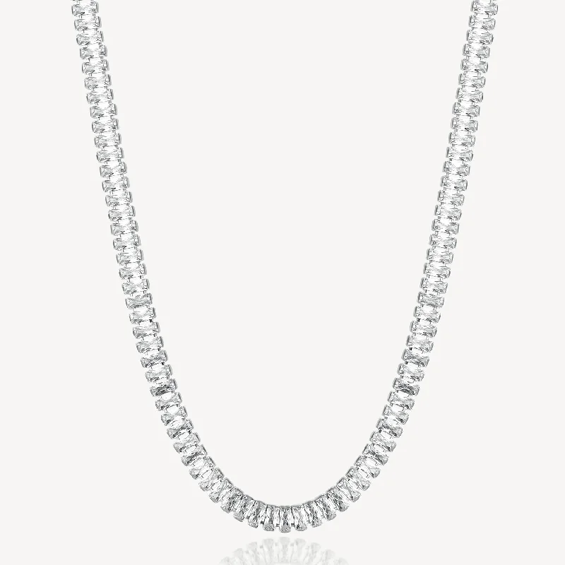 Get The Best Deals On Timeless Jewelry Pieces Baguette Cubic Zirconia Tennis Necklace in Stainless Steel Get The Best Deals On Timeless Jewelry Pieces Baguette Cubic Zirconia Tennis Necklace in Stainless Steel