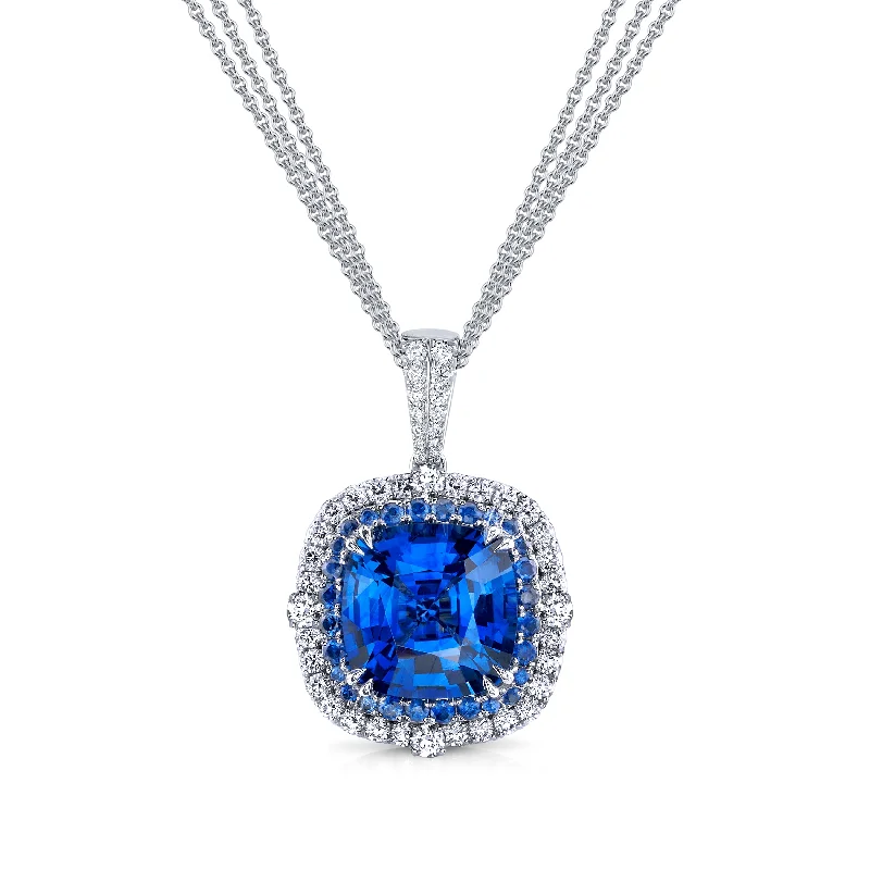 Romantic Heart-Shaped Jewelry For Special Gifts Cushion-Cut Sapphire and Diamond Halo Pendant in Platinum Romantic Heart-Shaped Jewelry For Special Gifts Cushion-Cut Sapphire and Diamond Halo Pendant in Platinum