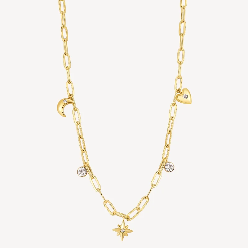 Bestselling Jewelry At Special Promotional Rates Crystal and Celestial Charm Necklace in Gold Plated Stainless Steel
