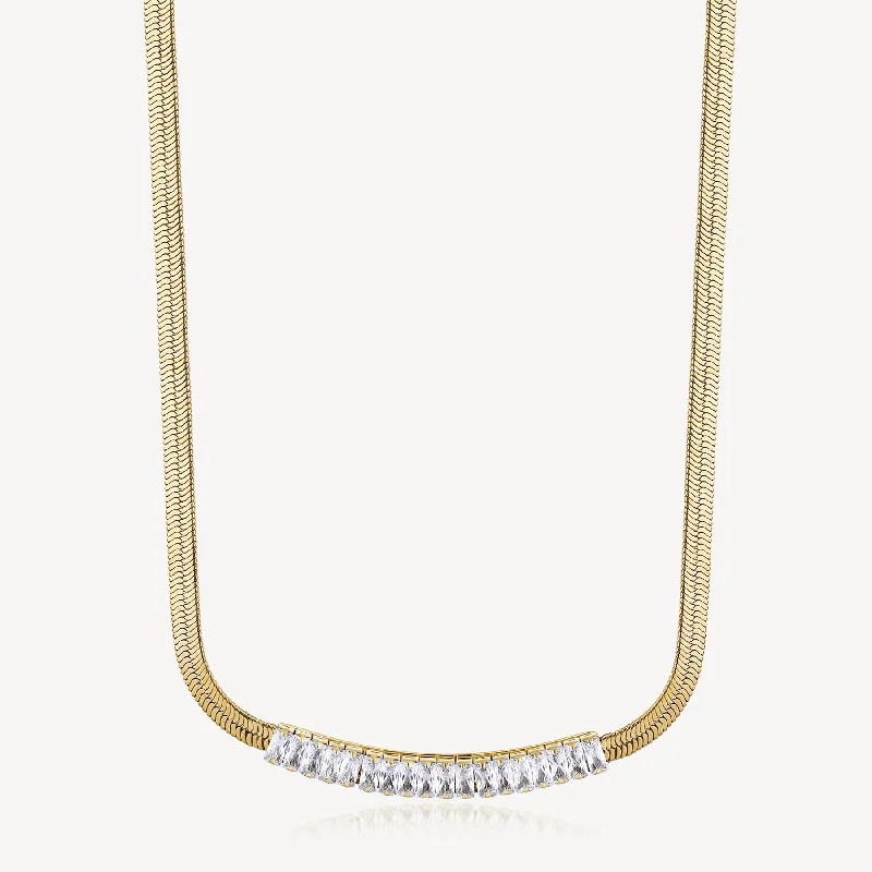 Discounted Jewelry For A Glamorous Look Crystal Herringbone Bib Necklace in Gold Plated Stainless Steel