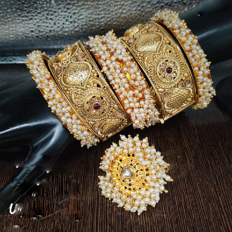 Affordable Luxury Jewelry For Every Occasion Lucentarts Jewellery Gold Plated Pearl Bangle Set With Ring Affordable Luxury Jewelry For Every Occasion Lucentarts Jewellery Gold Plated Pearl Bangle Set With Ring
