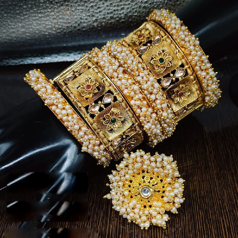 Limited-Time Offer On Elegant Jewelry Pieces Lucentarts Jewellery Gold Plated Pearl Bangle Set With Ring Limited-Time Offer On Elegant Jewelry Pieces Lucentarts Jewellery Gold Plated Pearl Bangle Set With Ring