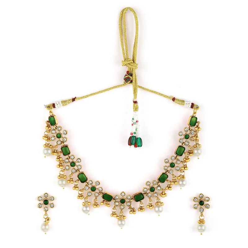 Shop Dazzling Jewelry With Special Promotional Discounts Premium 22K Gold Plated Emerald & Zirconia Studded Necklace Set with Gold & Pearl Beaded