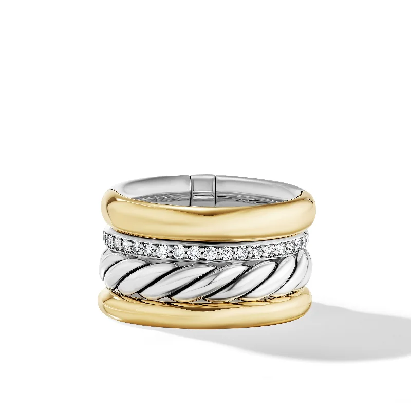 Customized Silver Jewelry For Unique Style DY Mercer™ Multi Row Ring in Sterling Silver with 18K Yellow Gold and Diamonds\, 14mm Customized Silver Jewelry For Unique Style DY Mercer™ Multi Row Ring in Sterling Silver with 18K Yellow Gold and Diamonds\, 14mm