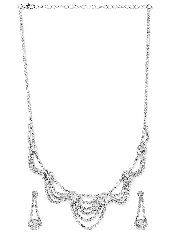 Premium Jewelry At Special Low Prices For A Limited Time Rhodium Plated AD & Cubic Zirconia Studded Layered Statement Necklace Set