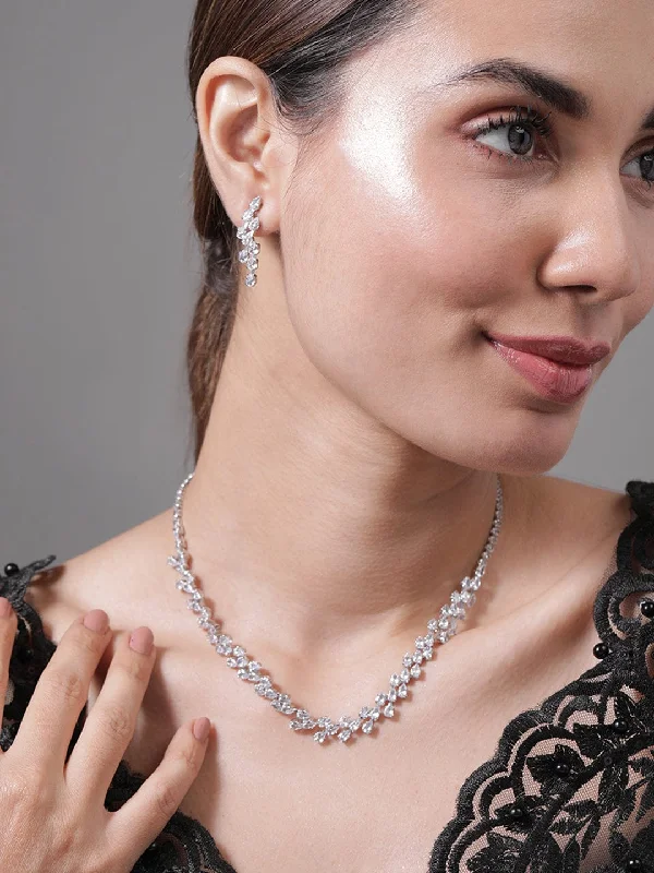 Handcrafted Jewelry Sale – Unique Designs At Low Prices Rhodium Plated AD & Cubic Zirconia Studded Luxurious Floral Motif Necklace Set