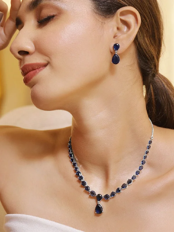 Limited-Stock Jewelry Sale – Once It's Gone, It's Gone Rhodium Plated Blue Sapphire & Cubic Zirconia Studded Premium Jewelry Set