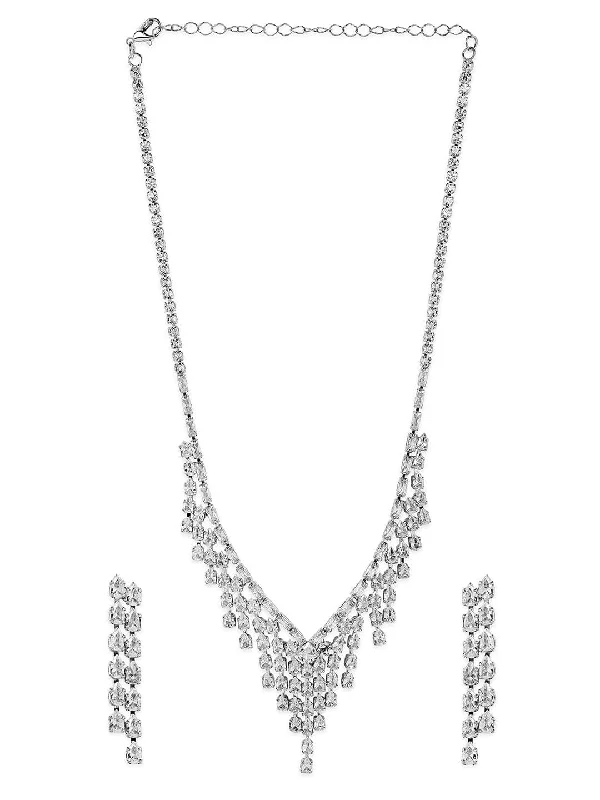 Luxury Jewelry At Unbeatable Discounts Rhodium Plated Cascading Multiple Strands AD & Cubic Zirconia Studded Necklace Set