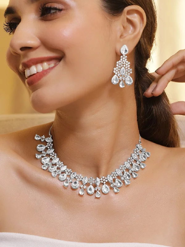 Unique Jewelry Designs Now At Discounted Rates Rhodium-Plated Crystal Cubic Zirconia Studded Necklace Set with Teardrop Earrings