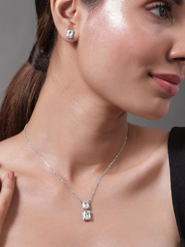 Luxury Jewelry Now At Special Promotional Rates Rhodium Plated CZ Stone Studded Pendant Set