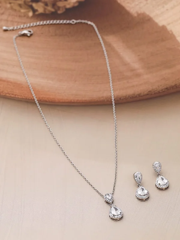 Special Offers On Handcrafted And Designer Jewelry Rhodium Plated CZ Studded Teardrop Necklace Set