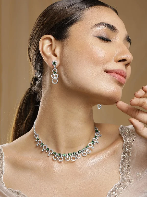 Huge Savings On Timeless Jewelry Collections Rhodium Plated Emerald & Cubic Zirconia Studded Circular Link Jewellery Set