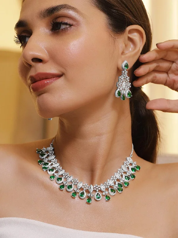 Affordable Luxury Jewelry For Every Occasion Rhodium Plated Emerald & Cubic Zirconia Studded Premium Jewellery Set