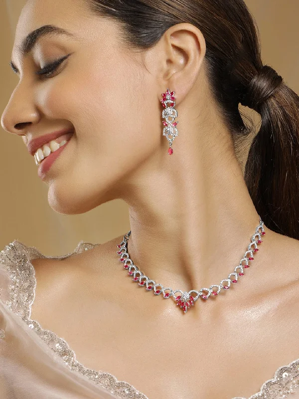 Exclusive Jewelry Sale – Limited-Time Discounts Rhodium Plated Ruby & Cubic Zirconia Studded Floral Link Jewellery Set