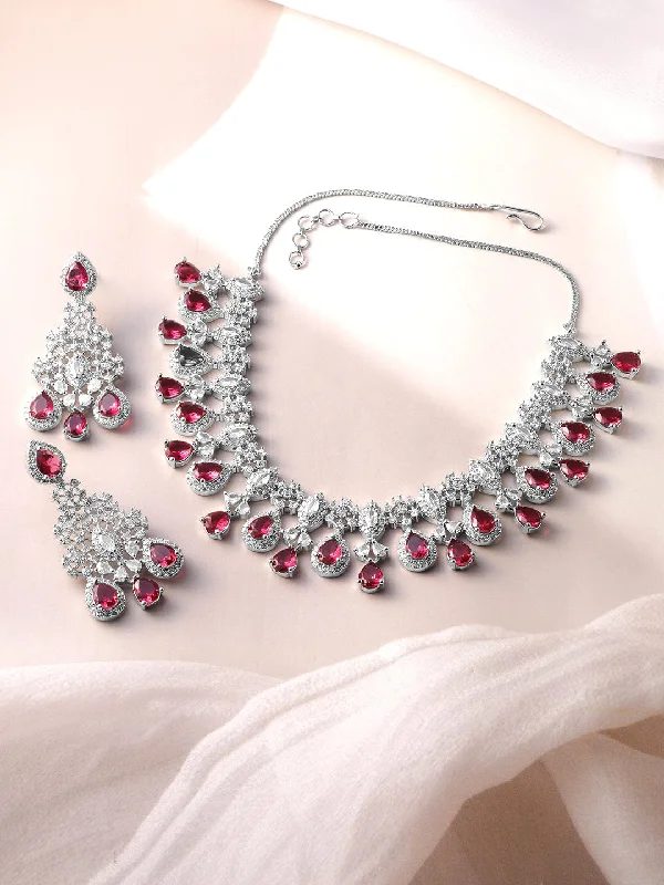 Holiday Jewelry Sale – Perfect Gifts At Great Prices Rhodium-Plated Ruby Red and White Cubic Zirconia Studded Necklace Set