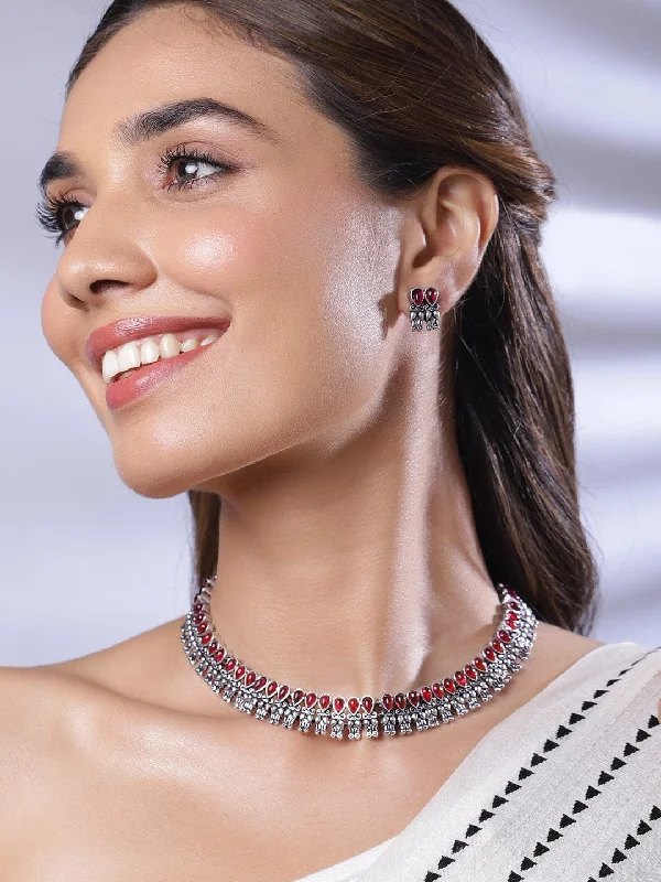 Shine Without Limits – Jewelry Sale Happening Now Rhodium-Plated Stone-Studded Oxidised Necklace Set