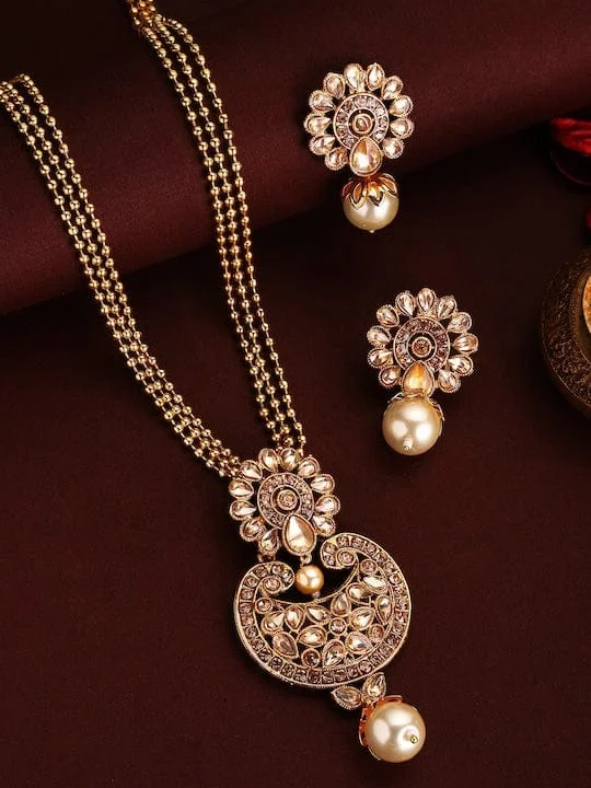 Elegant Necklaces And Bracelets At Limited-Time Offers Rubans 22K Gold Plated Handcrafted Kundan Stone Pendant Set