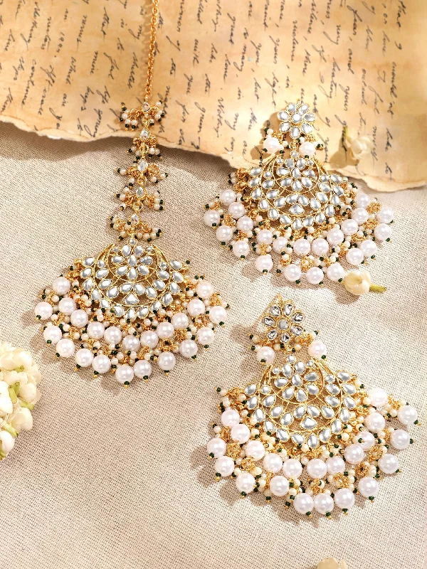 Timeless Jewelry Styles At Wallet-Friendly Prices Rubans 22K Gold plated Kundan with pearl beaded Chandbali Statement Earrings and maang tika set