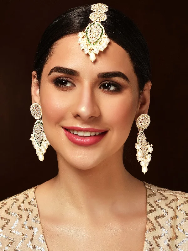 Buy More, Save More On Stunning Jewelry Pieces Rubans Kundan And Green Enameled Maangtikka and Earrings Set