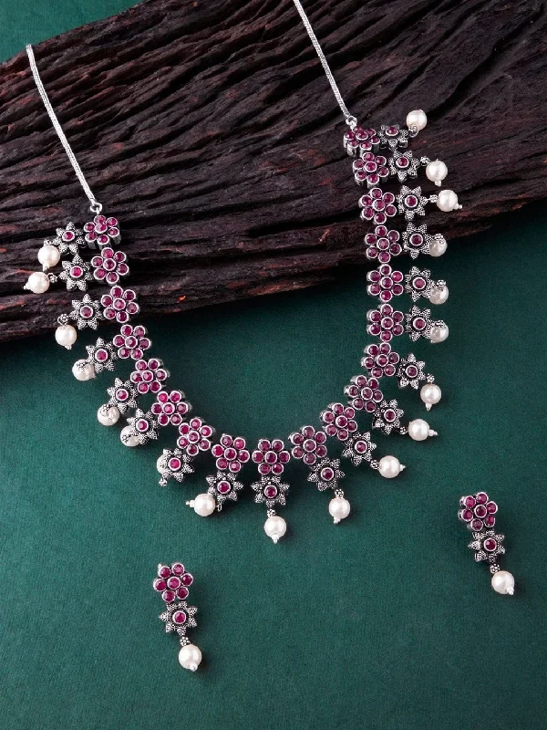 Fine Jewelry, Limited-Time Offers Available Rubans Oxidised Silver Plated Embellished With Faux Ruby Floral Necklace Set