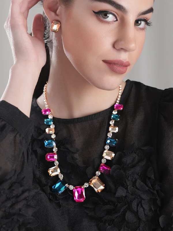 Flash Sale On Elegant Jewelry – Don't Miss Out Rubans Voguish Gold plated Pink & Blue Zirconia Statement Necklace Set