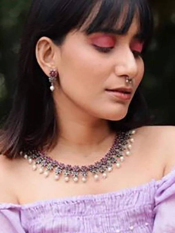 Special Sale On Handcrafted Jewelry – Shop Today Rubans Oxidised Silver Plated Faux Ruby Floral Necklace Set