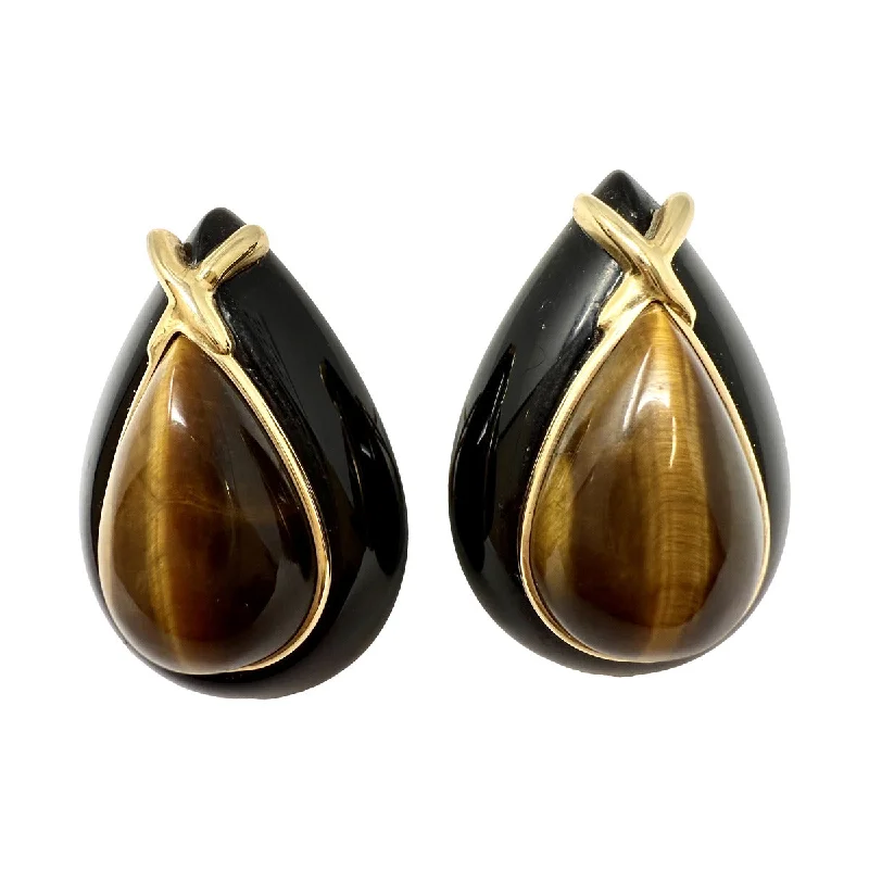 Modern Statement Jewelry For Bold Styling Teardrop Shaped Onyx Earrings with Tiger Eye and 14K Gold Accent Modern Statement Jewelry For Bold Styling Teardrop Shaped Onyx Earrings with Tiger Eye and 14K Gold Accent