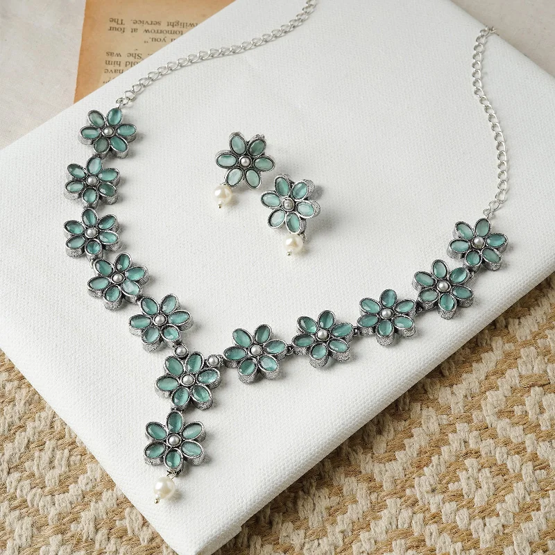 Flash Sale On Stunning Jewelry – Don't Miss Out Teejh Silver Sea Green and Floral Motif Set